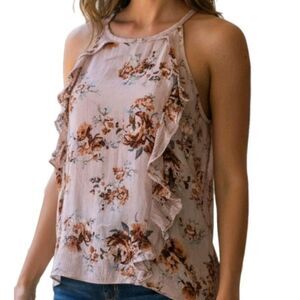 Full Tilt Boho Tank Womens Sz S Pink Floral Rayon High Neck Ruffle Keyhole Back